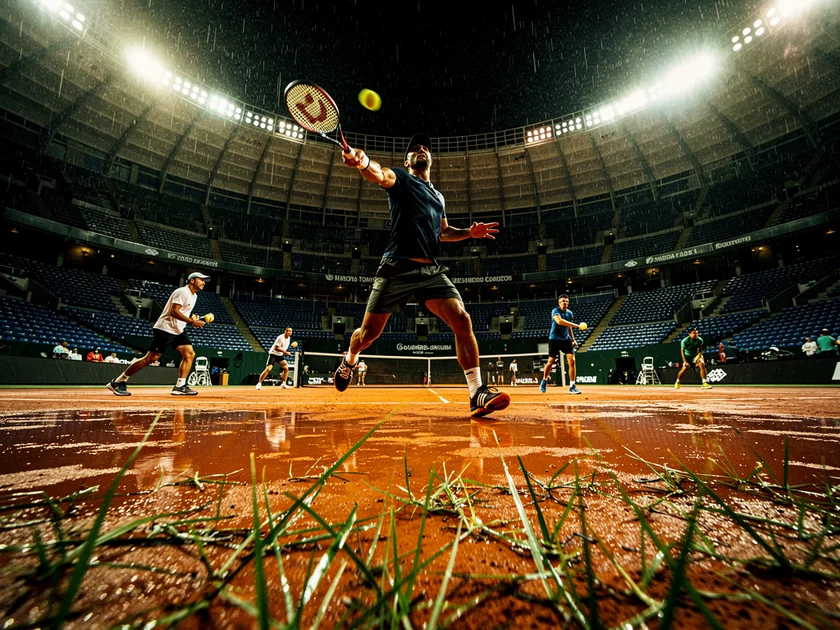 Carlos Alcaraz practicing on clay court with Real Madrid Bernabeu stadium in the background