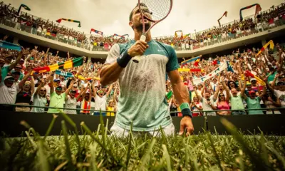 Jannik Sinner serving at the Miami Open 2026, Italy's Davis Cup Tennis champion in action