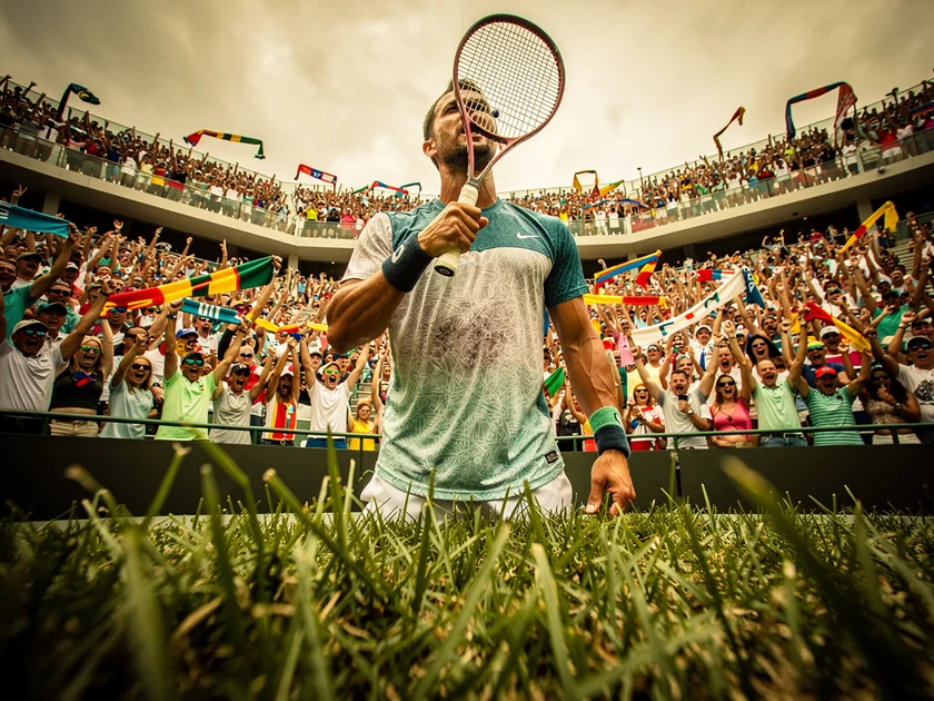 Jannik Sinner serving at the Miami Open 2026, Italy's Davis Cup Tennis champion in action