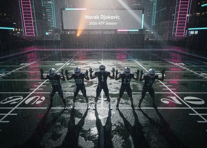 Novak Djokovic serving on a hard court during a 2026 ATP Grand Slam tournament match