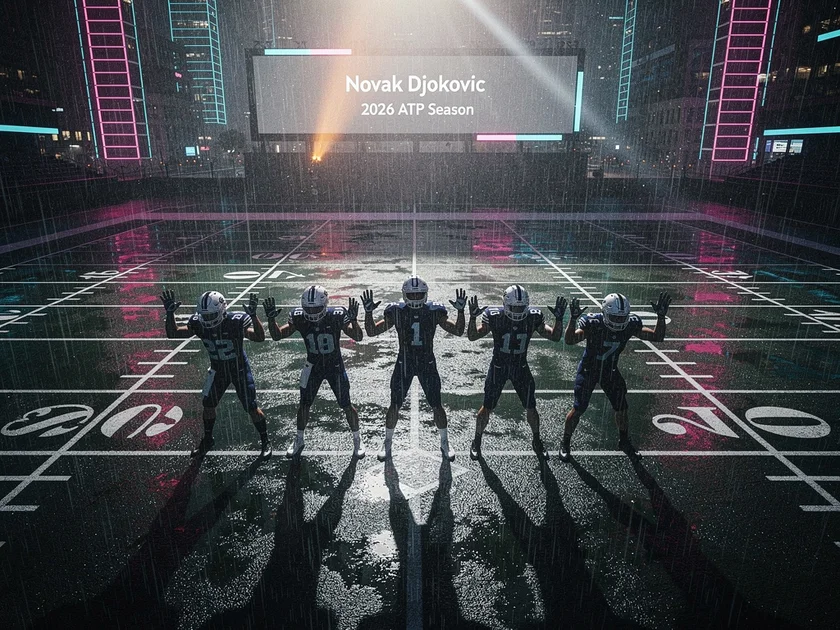 Novak Djokovic serving on a hard court during a 2026 ATP Grand Slam tournament match