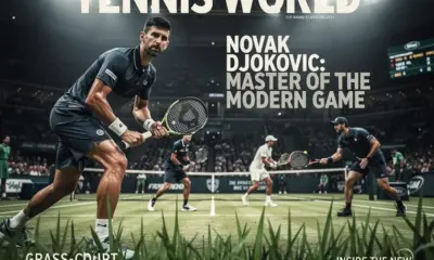 Novak Djokovic serving on clay court during a 2026 ATP Tour match in his signature style