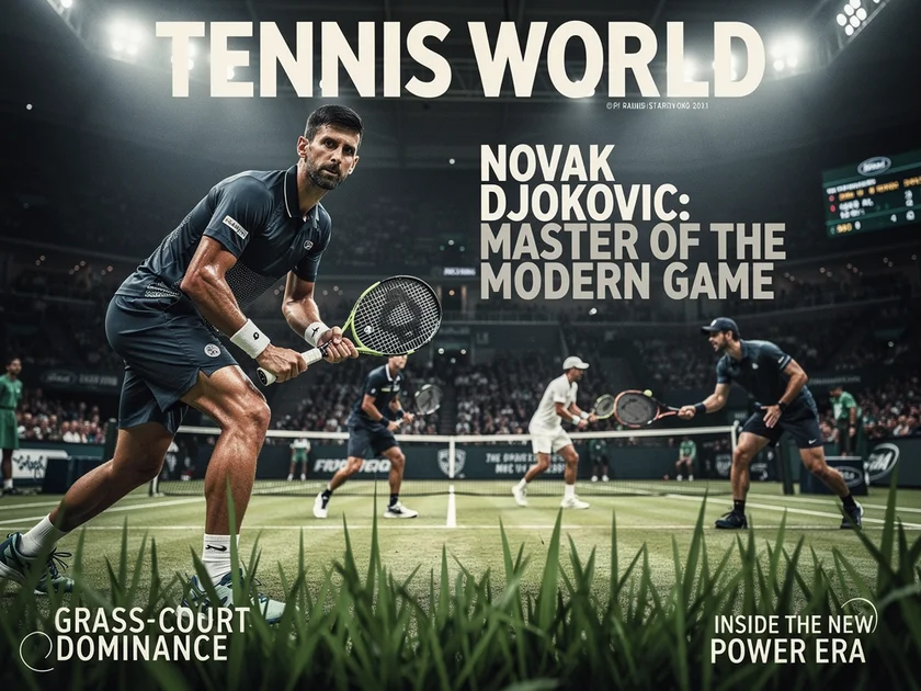 Novak Djokovic serving on clay court during a 2026 ATP Tour match in his signature style