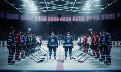 Utah Mammoth players on the ice during an NHL regular season game against Columbus in March 2026