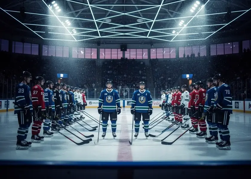 Utah Mammoth players on the ice during an NHL regular season game against Columbus in March 2026