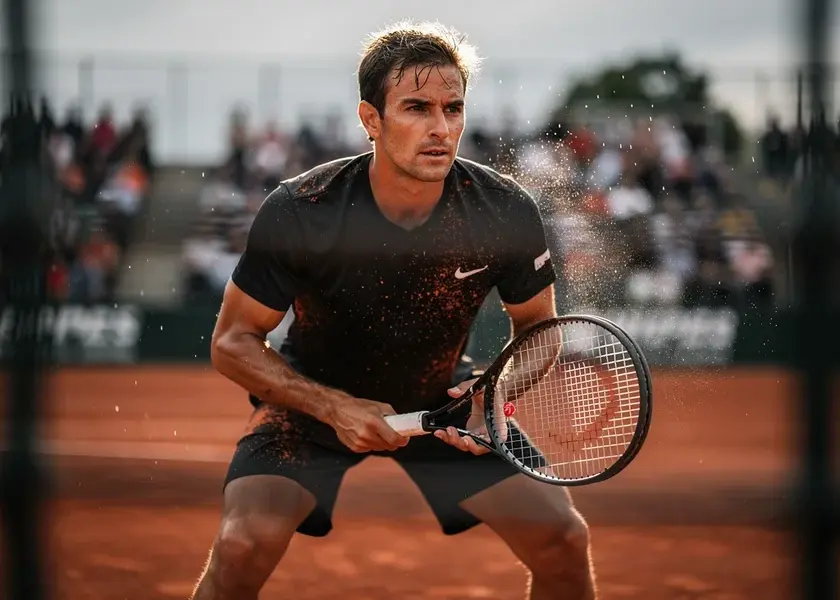 Carlos Alcaraz preparing to serve during a 2026 clay court tennis match under bright afternoon sun