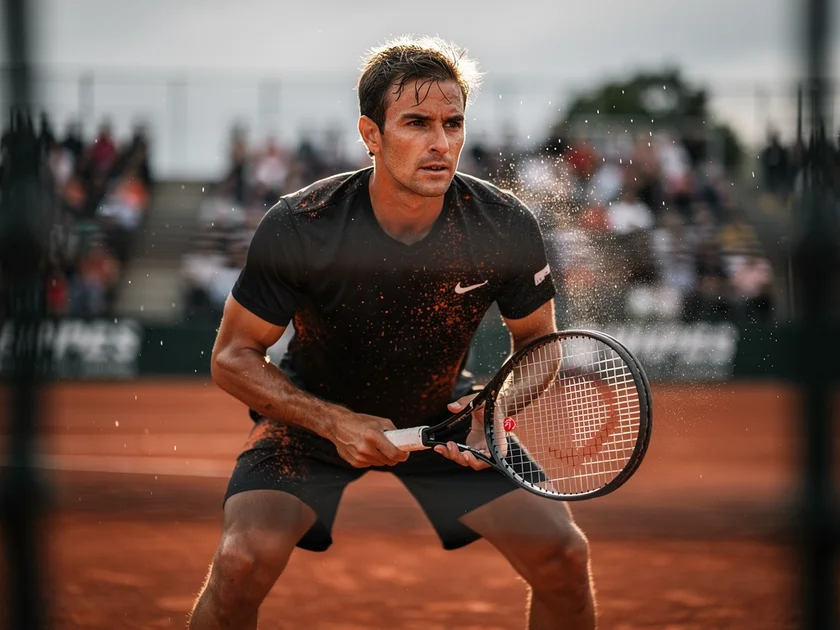 Carlos Alcaraz preparing to serve during a 2026 clay court tennis match under bright afternoon sun