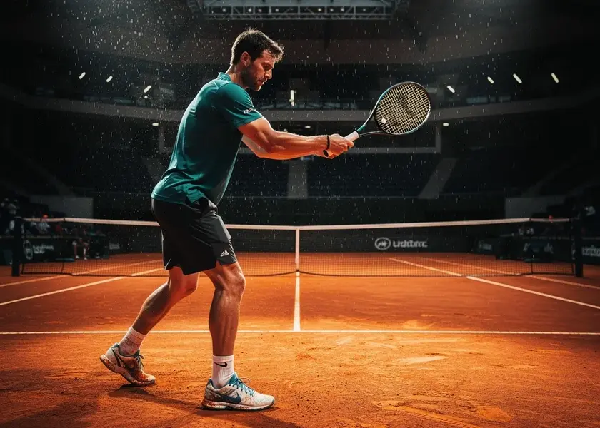 Lorenzo Musetti serving on clay court during 2026 ATP Tour clay season opener