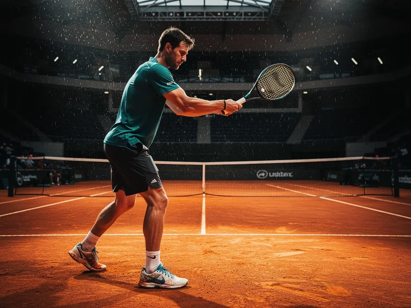 Lorenzo Musetti serving on clay court during 2026 ATP Tour clay season opener