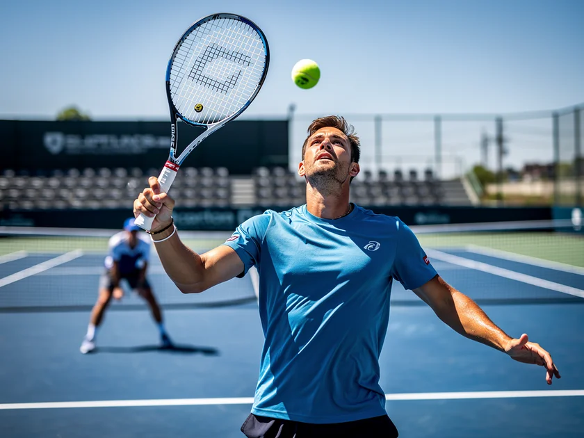 Novak Djokovic serving during a 2026 ATP Grand Slam match on center court